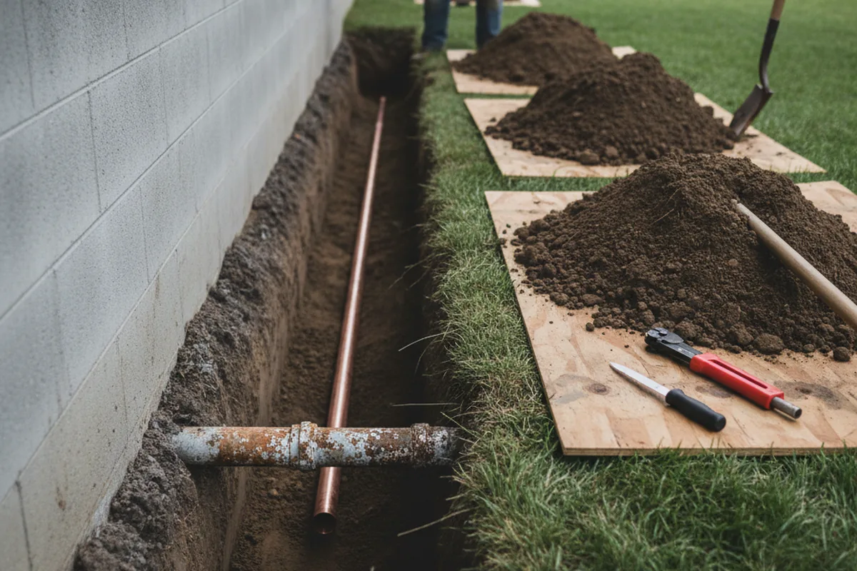 Excavated water line trench during Water Softener Installation in Stewartstown